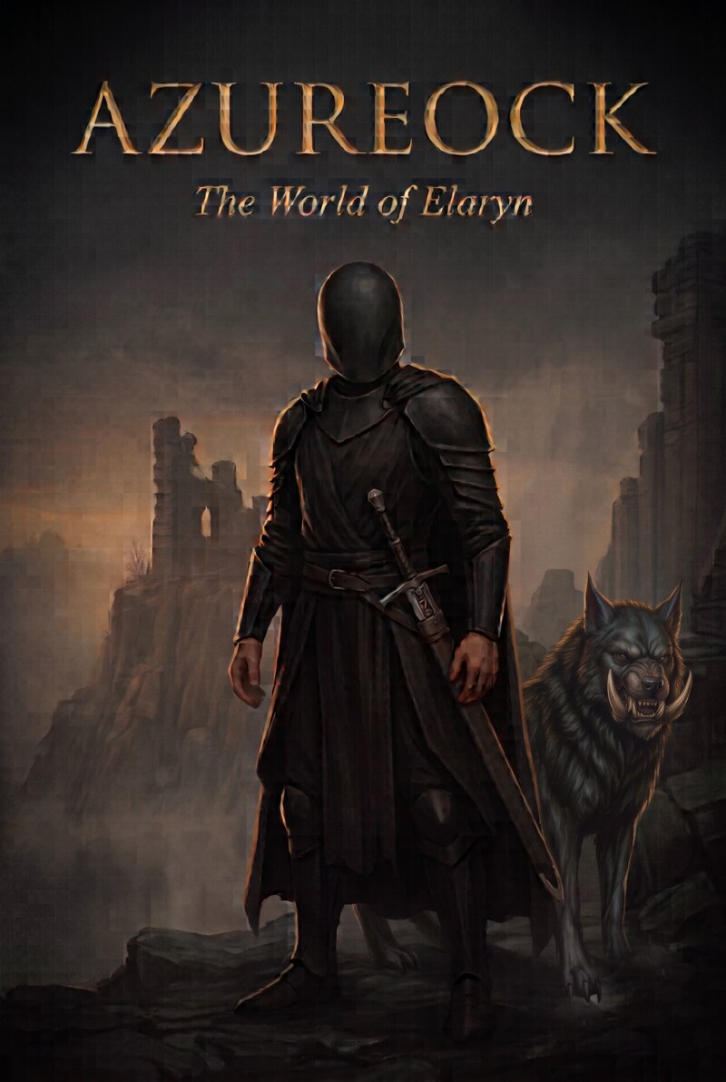 Azureock — The World of Elaryn. Cover art: a lone black-armored warrior stands before ruined stone towers, sword at his hip, with Drogar, his tusked dronger companion, at his side.